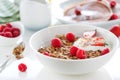 Homemade oat meal granola or muesli with fresh summer fruits Ã¢â¬â raspberry and strawberry with yogurt Royalty Free Stock Photo